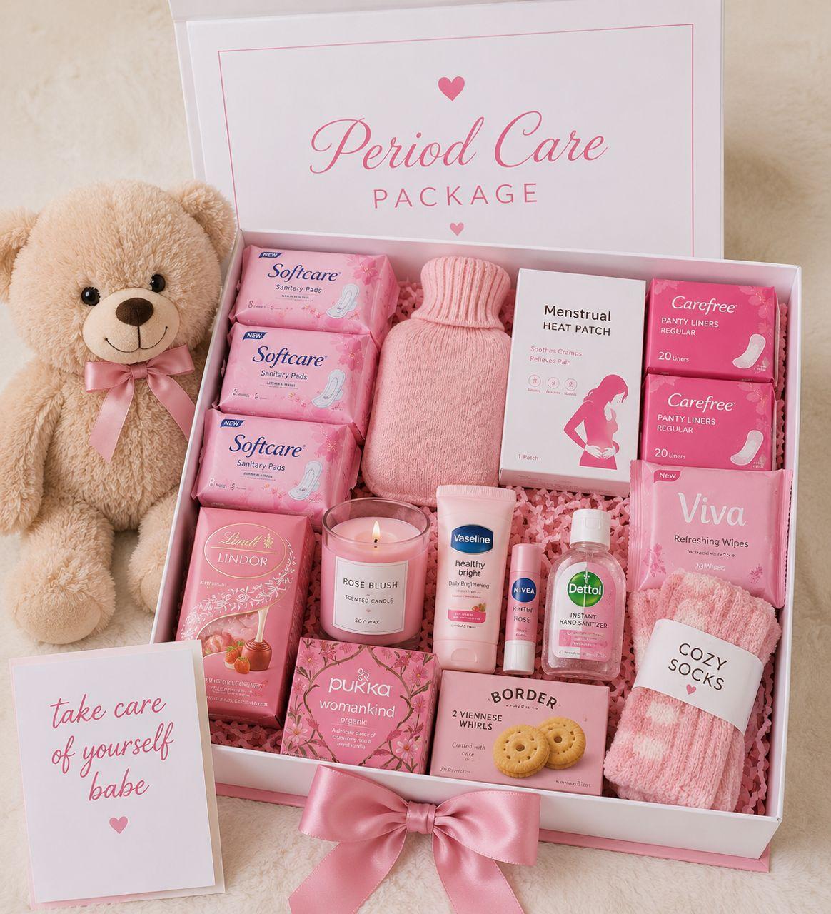 Period care gift box with sanitary pads, heat pack, hot water bottle, chocolate, scented candle, cozy socks, body lotion, lip balm, tea, cookies and 30cm teddy