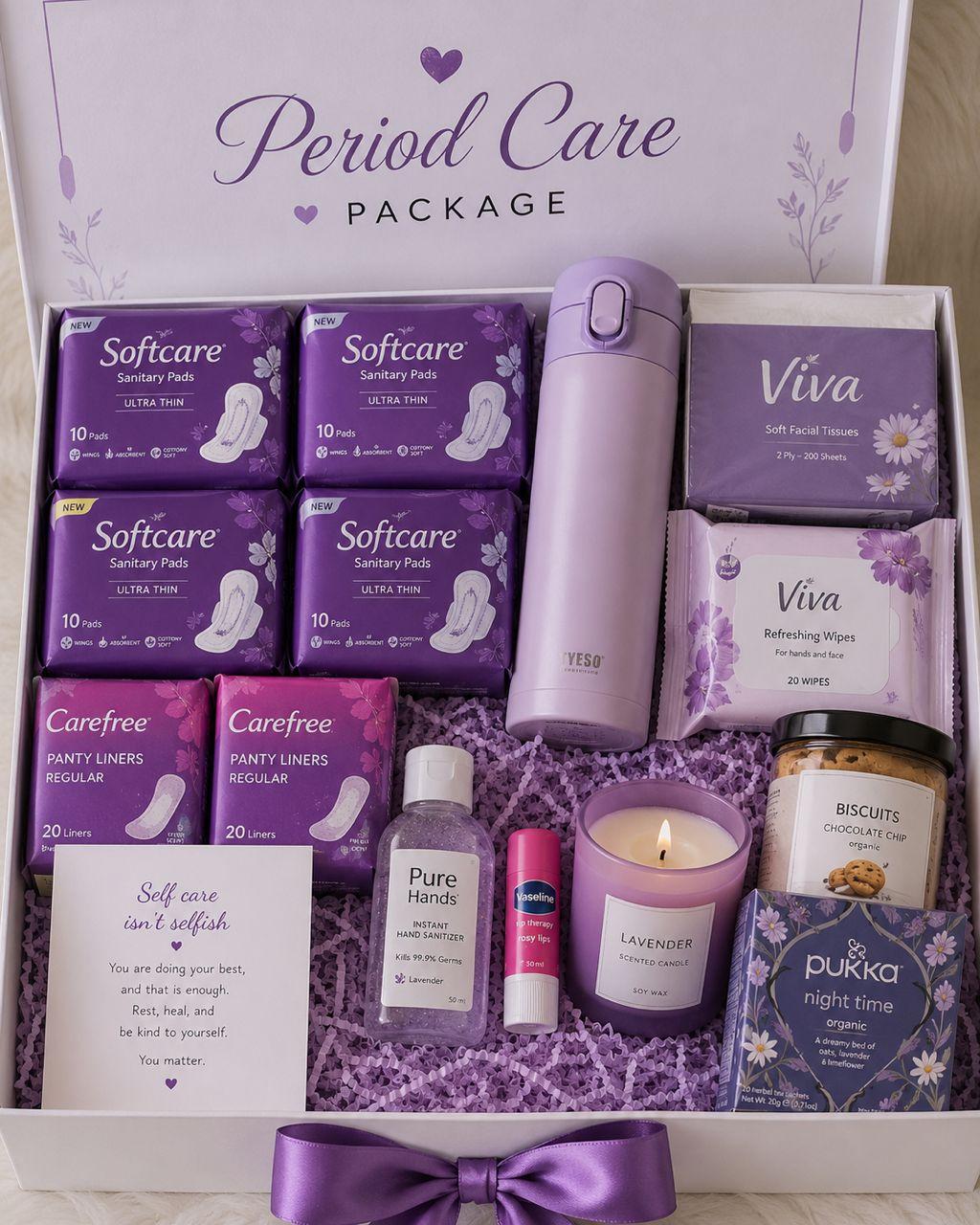 Period care gift box with sanitary pads, panty liners, temperature flask, soft face tissue, hand sanitizer, scented candle, lip balm, wipes, biscuits and cookies