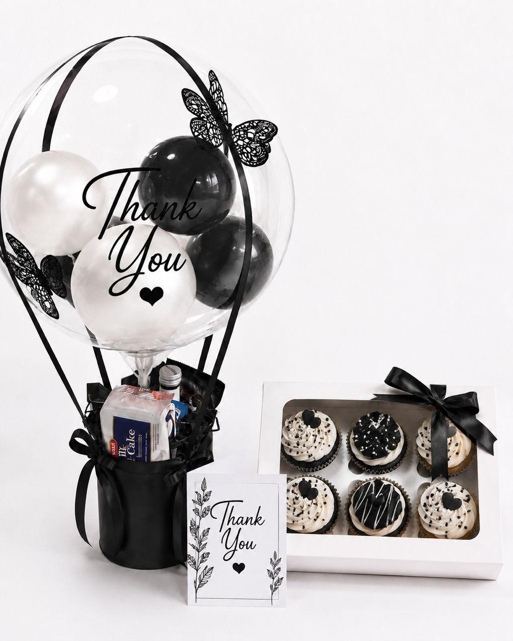 Thank you gift with cupcakes, hot air balloon treat featuring Thank You and customized card