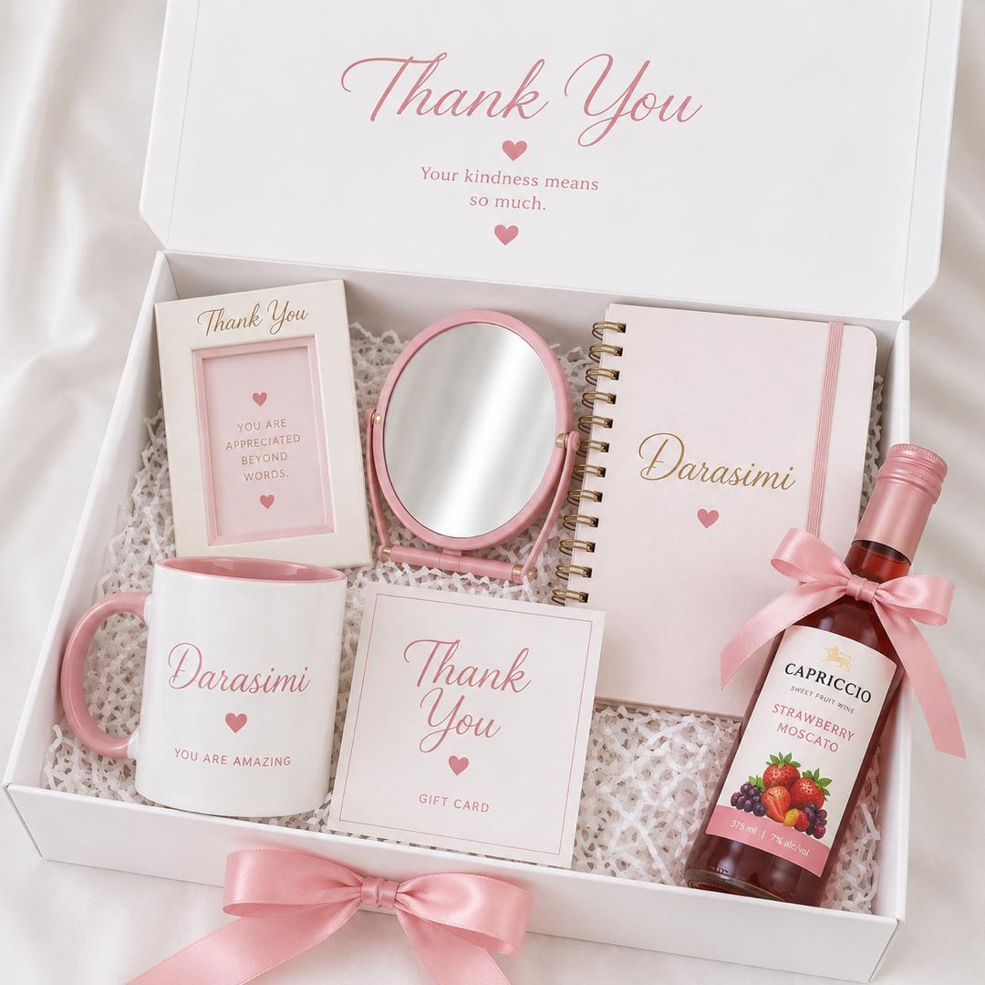 Gift set with fruit wine, mini photo frame, aesthetic mirror, customized journal, customized mug and card