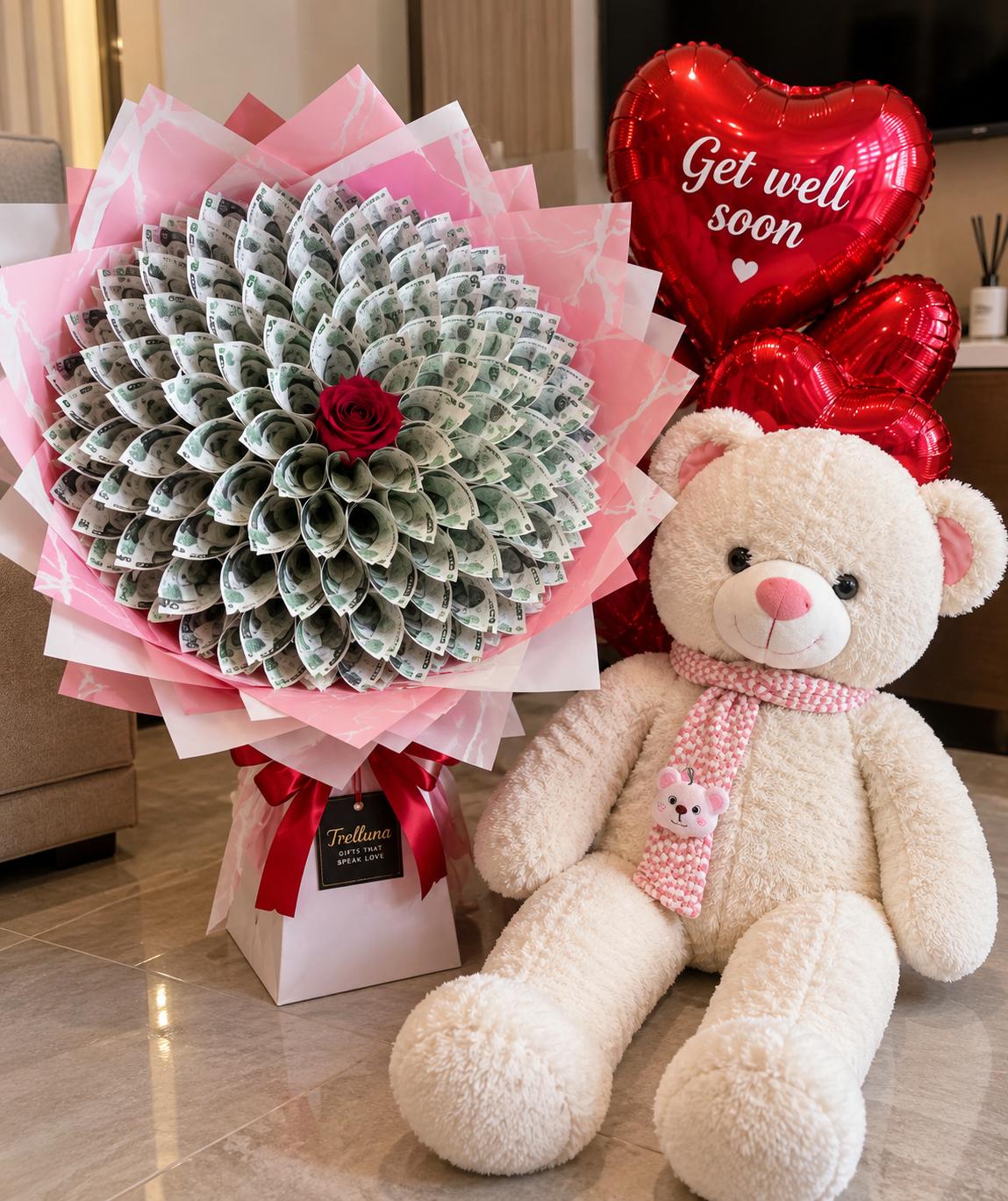 Long leg teddy with ₦100,000 money bouquet and three heart-shaped deluxe balloons