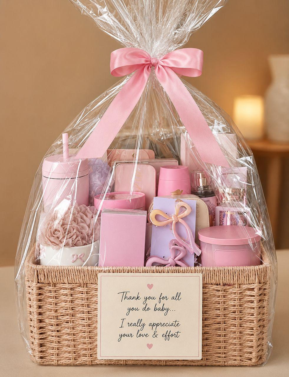 Gift basket for her with journal, bottle flask, body mist, body spray, phone pouch, hair accessories, scented candle, cosmetic bag, passport wallet and jewelry organizer