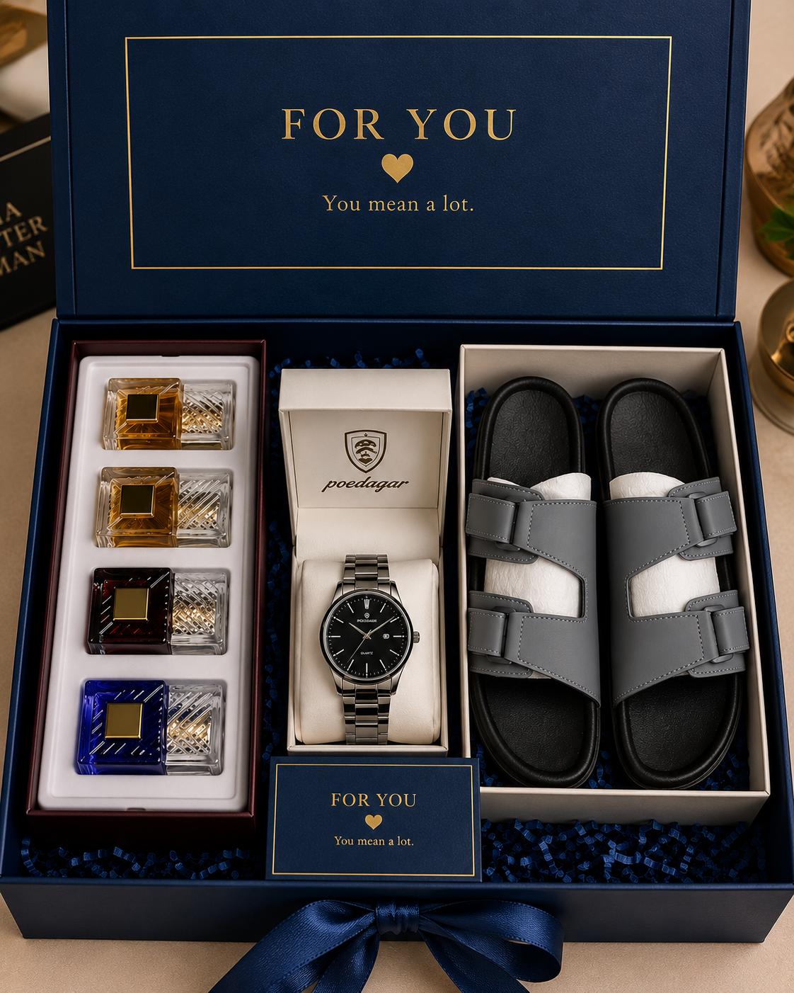 Gift set for him with wristwatch, perfume set, handmade slides and card in a customized decor box