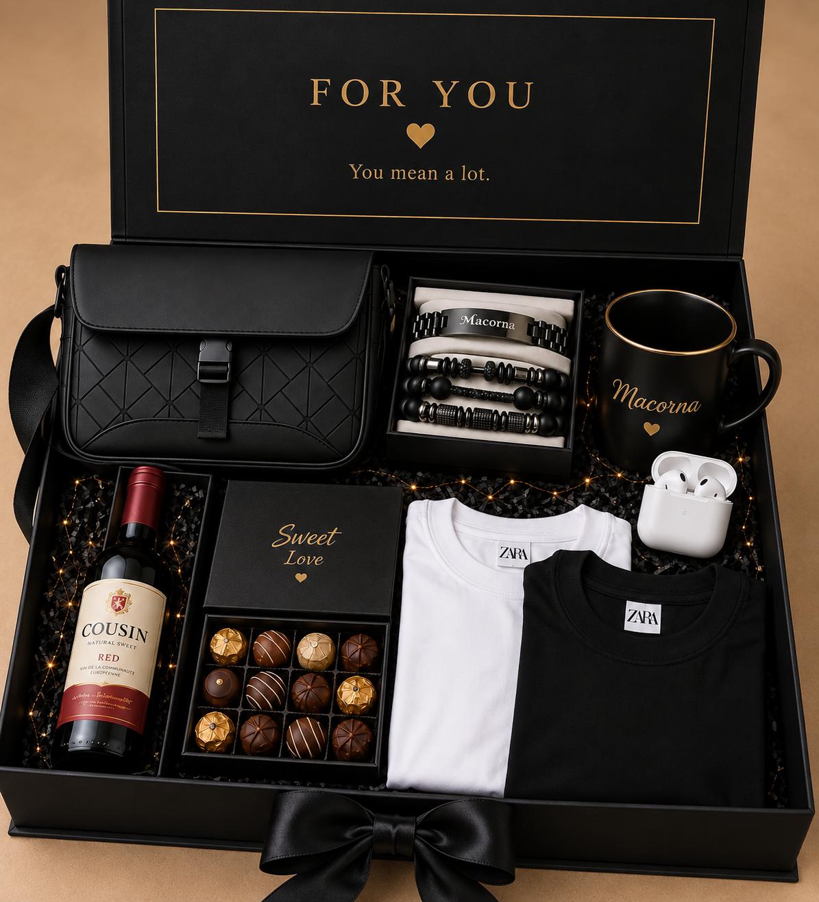 Gift set for him with crossbody bag, EarPods, two T-shirts, customized bracelet, customized mug, chocolate and wine