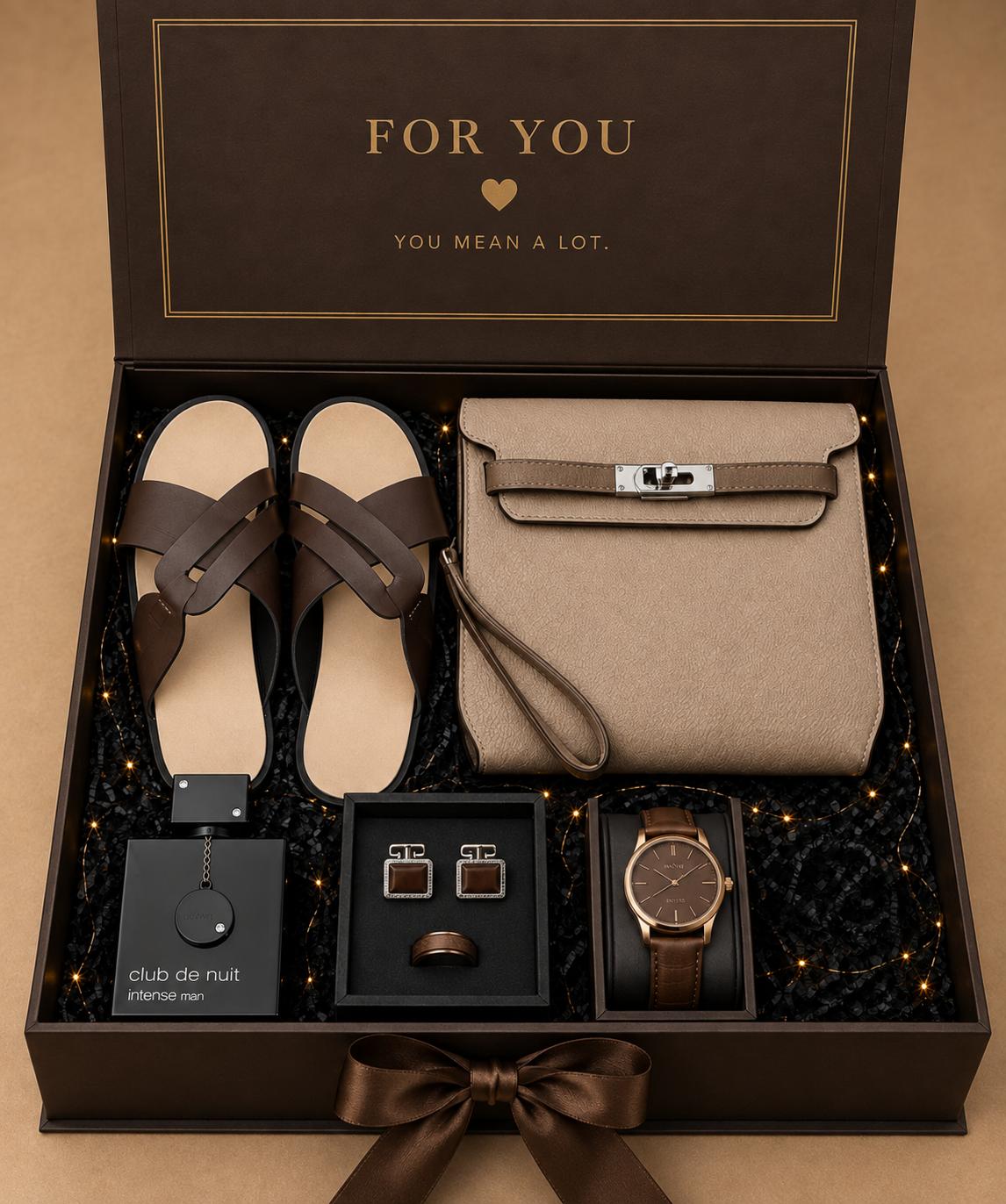 Gift set for him with clutch bag, perfume, handmade pam slippers, cufflinks and ring, and leather wristwatch