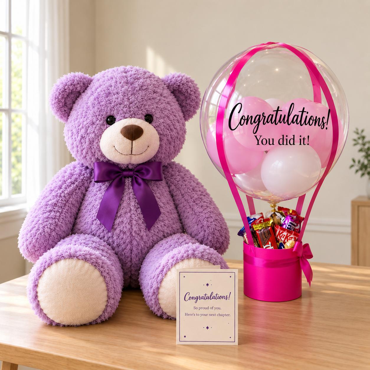 Congratulations gift with 80cm teddy bear, hot air balloon treat box and customized card