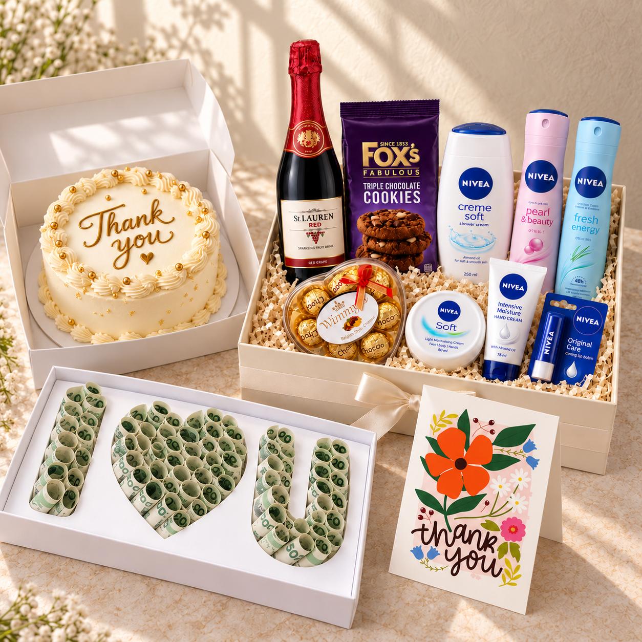 Appreciation gift with ₦50,000 love money box, self-care products, chocolate, cookies, wine and appreciation card