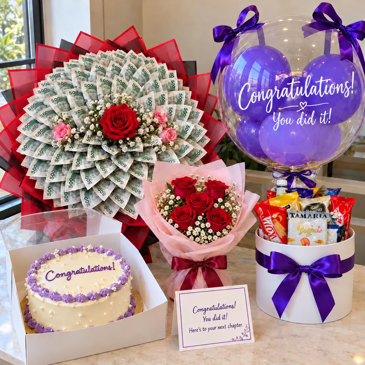 Congratulations gift with cake, fresh flower bouquet, ₦50,000 money bouquet, deluxe balloon treat box and customized card