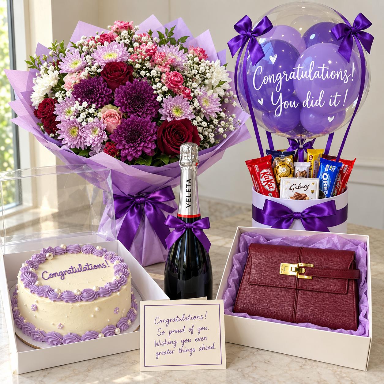 Congratulations gift with cake and wine, fashion handbag, fresh mixed flower bouquet, hot air balloon treat box and handwritten card