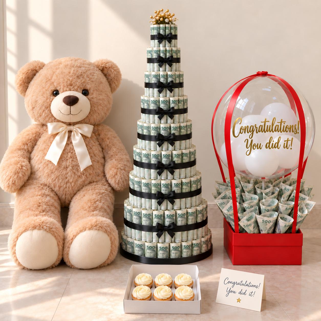 Congratulations gift with ₦100,000 money tower, hot air balloon bouquet with ₦30,000 cash, six cupcakes, 80cm teddy bear and customized card