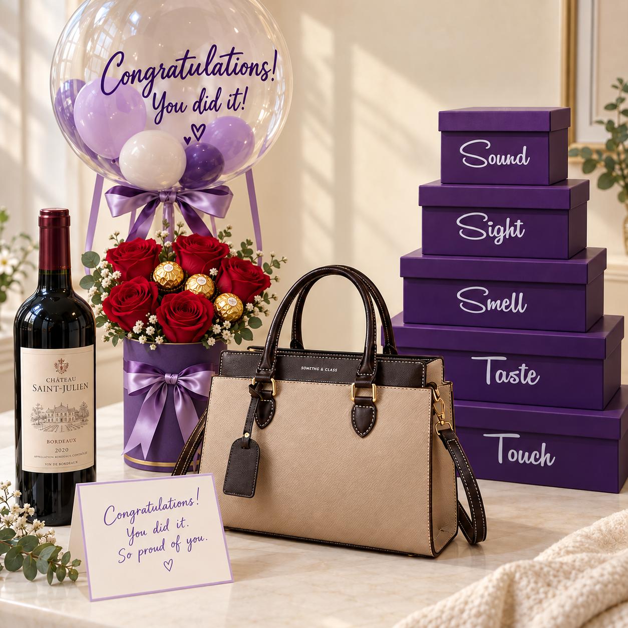 Congratulations gift for her with designer bag, wine, hot air balloon box with chocolates and roses, five senses package and handwritten card