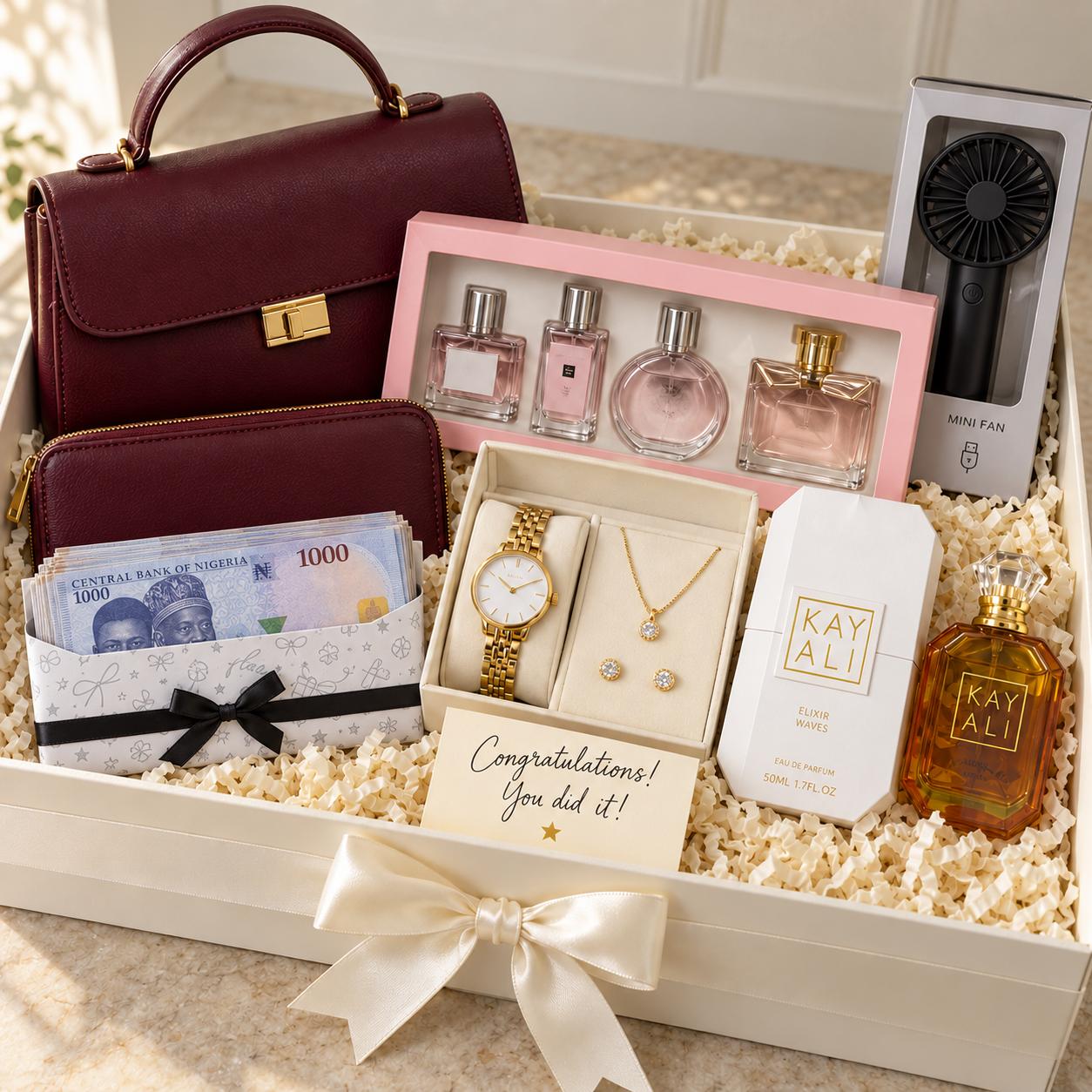 Congratulations gift for her with designer bag, wine, hot air balloon box with chocolates and roses, five senses package and handwritten card