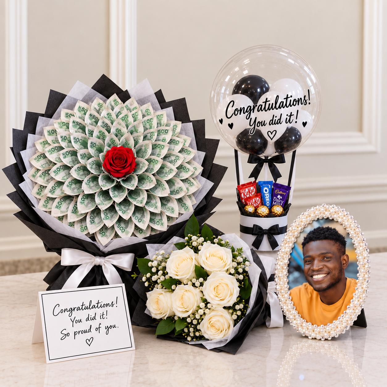 Black and white congratulations gift with balloon treat box, ₦50,000 money bouquet, fresh flower bouquet, pearl frame and customized card