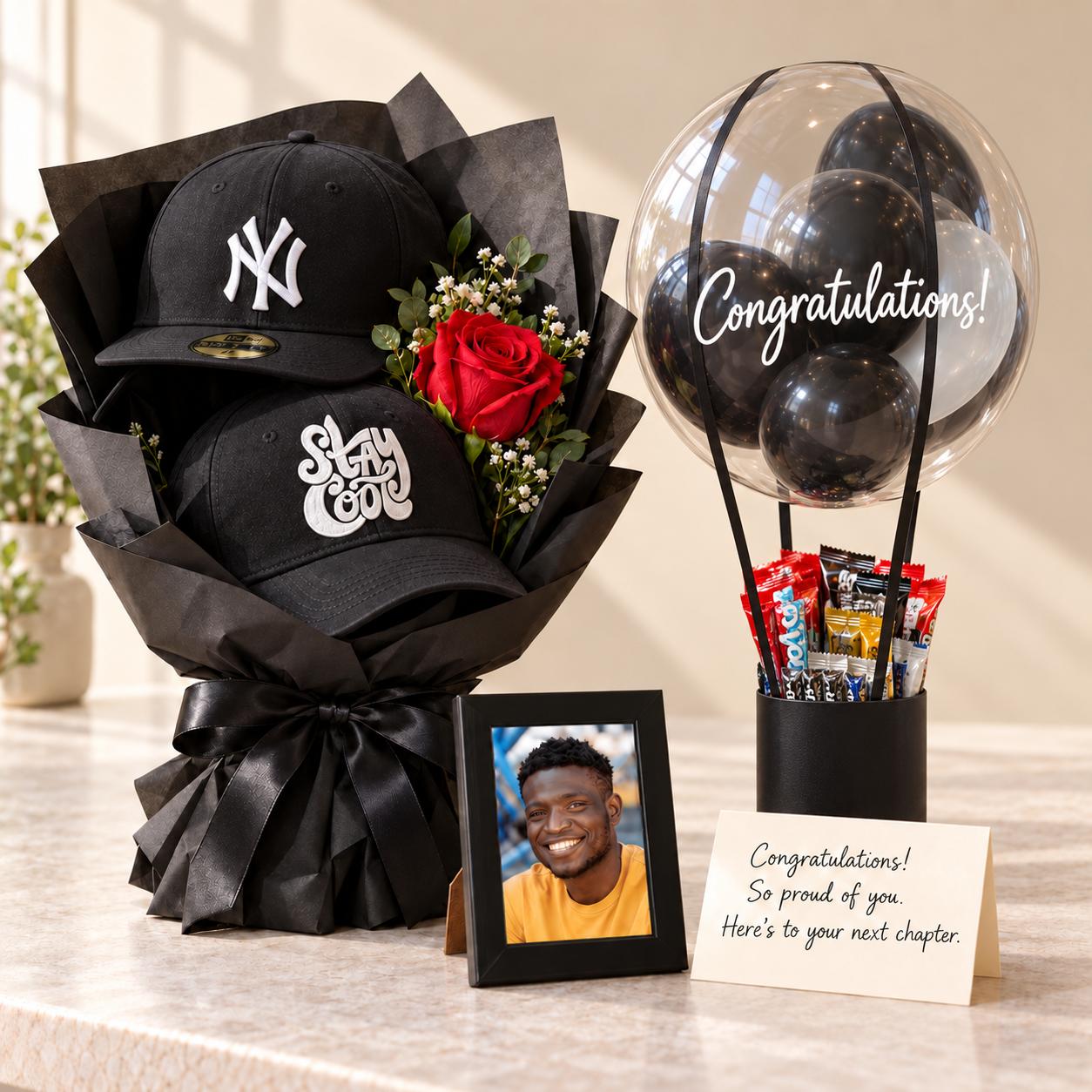 Black themed congratulations gift for him with two-cap bouquet, rose, balloon treat box, mini frame and handwritten card