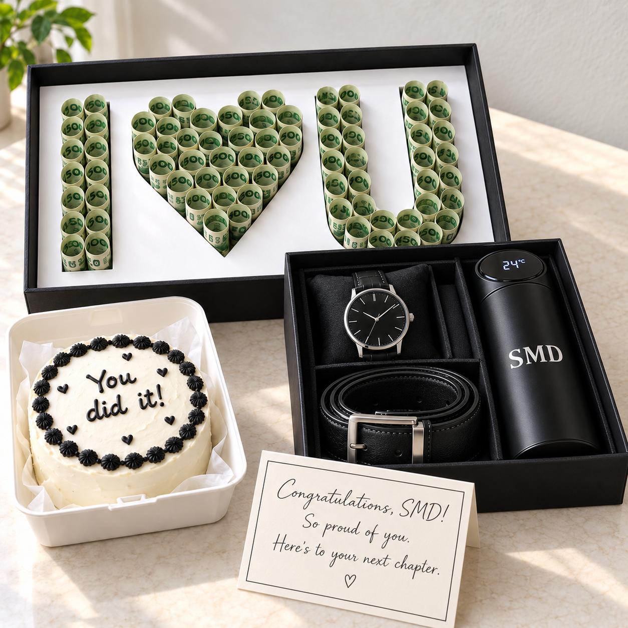 Congratulations gift for him with ₦50,000 money box, wristwatch, leather belt, bento cake, customized temperature flask and card