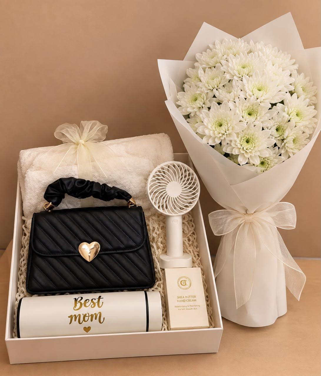 Gift set for mum with fresh flower bouquet, fluffy towel, fashion handbag, perfume, rechargeable hand fan, customized temperature flask and card