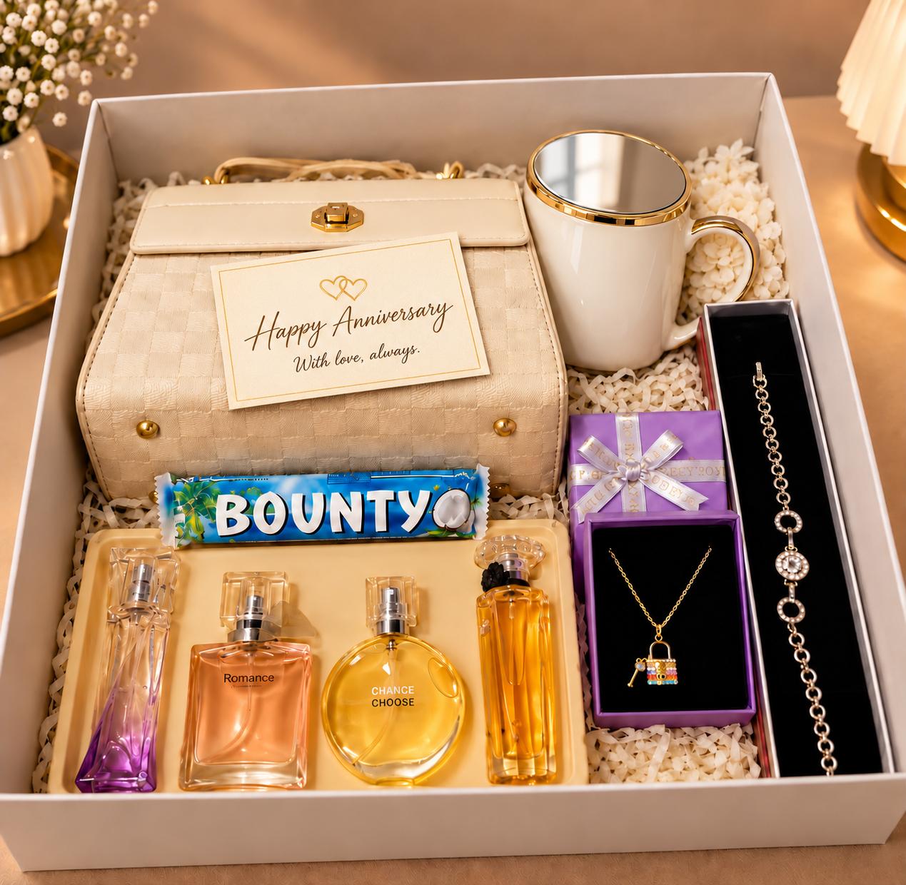 Anniversary gift set for her with mirror mug, perfume, fashion handbag, necklace, bracelet, chocolate, card and decor box