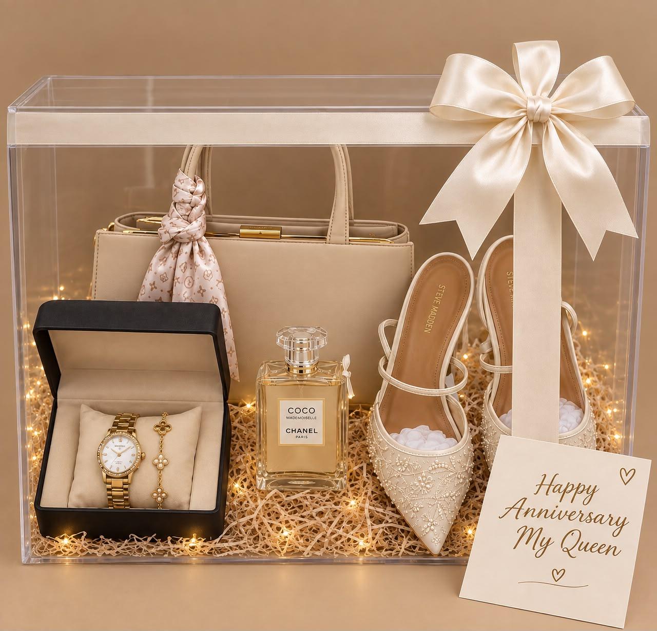 Anniversary gift set for her with heels, perfume, fashion handbag, wristwatch and bracelet set, card and transparent decor box