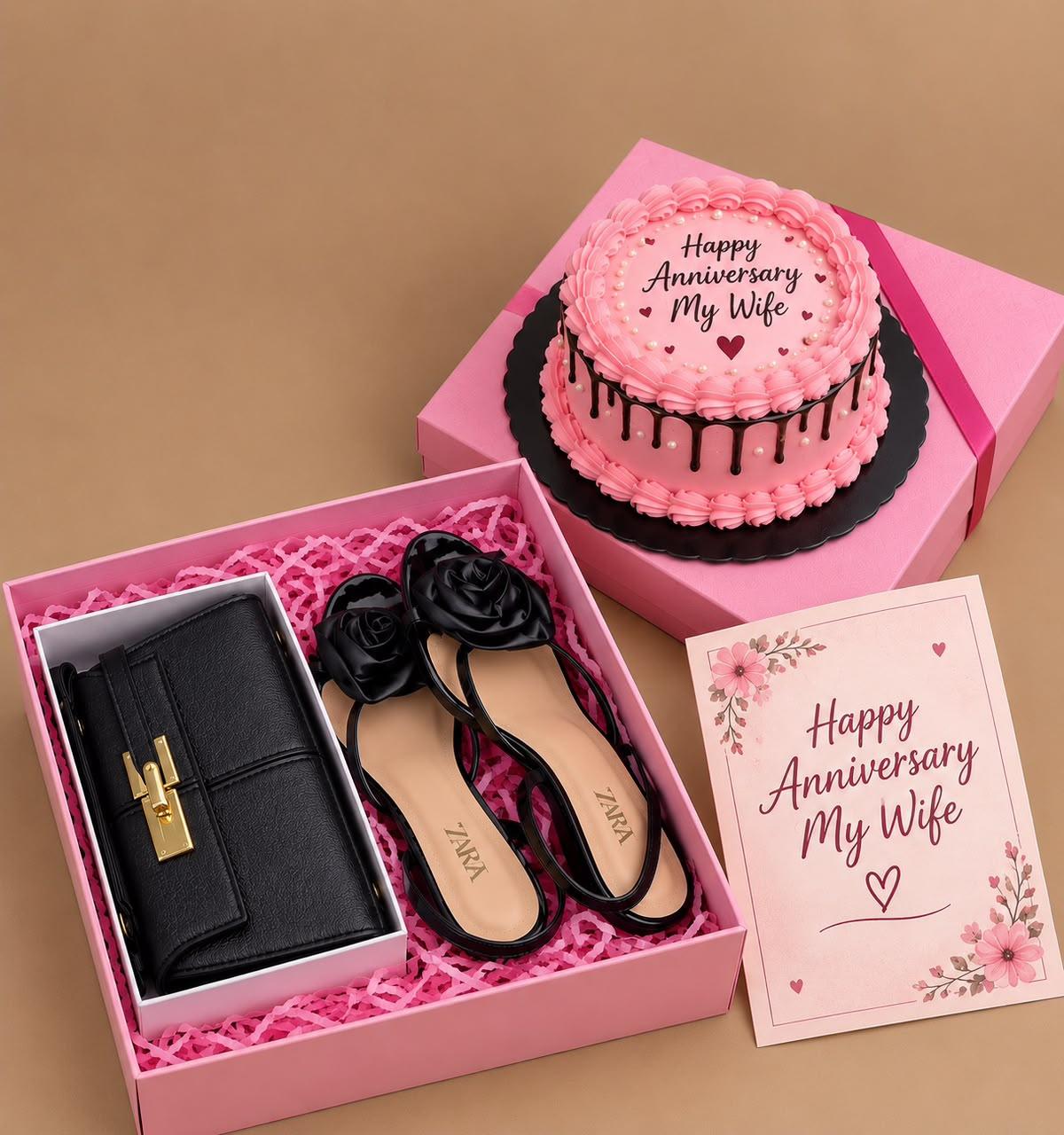 Anniversary gift set for her with cake, heels, luxury handbag, card and decor box