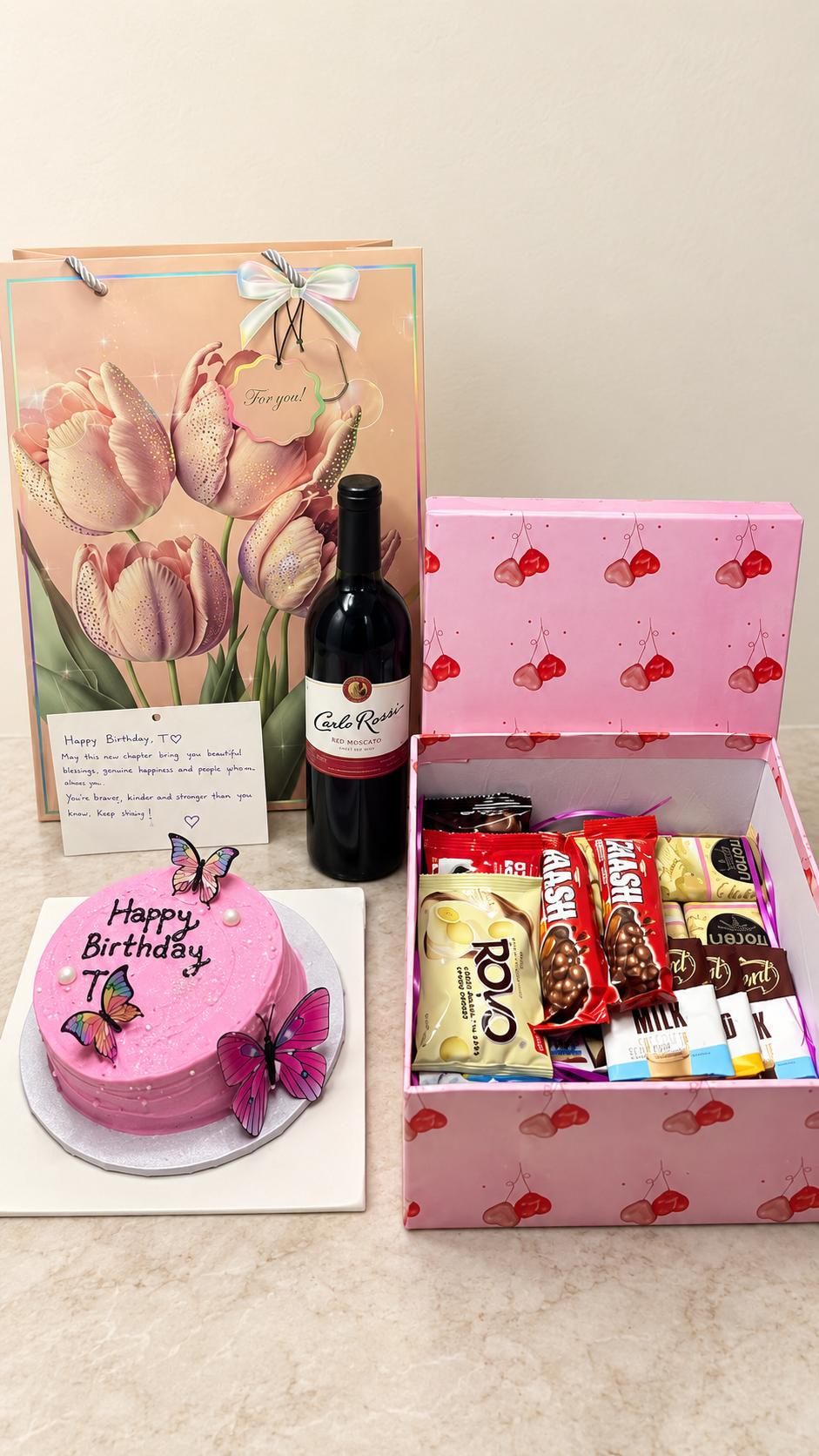 Anniversary gift set with bento cake, Carlo Rossi red wine, chocolate box and handwritten card