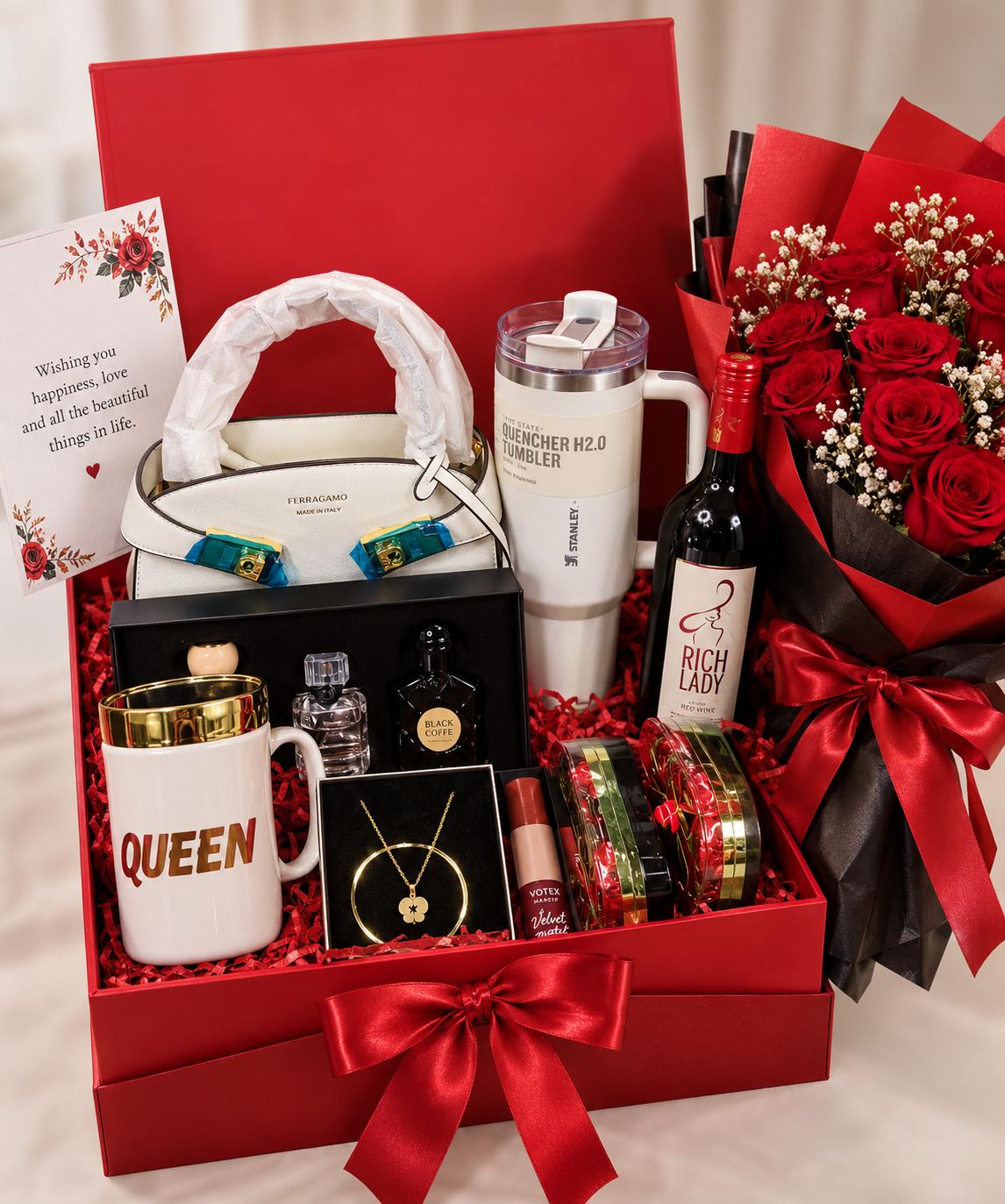 Gift set for her with rose bouquet, fashion handbag, perfume set, bracelet and necklace, chocolates and wine, Stanley sippy cup, lip care products and customized mirror mug