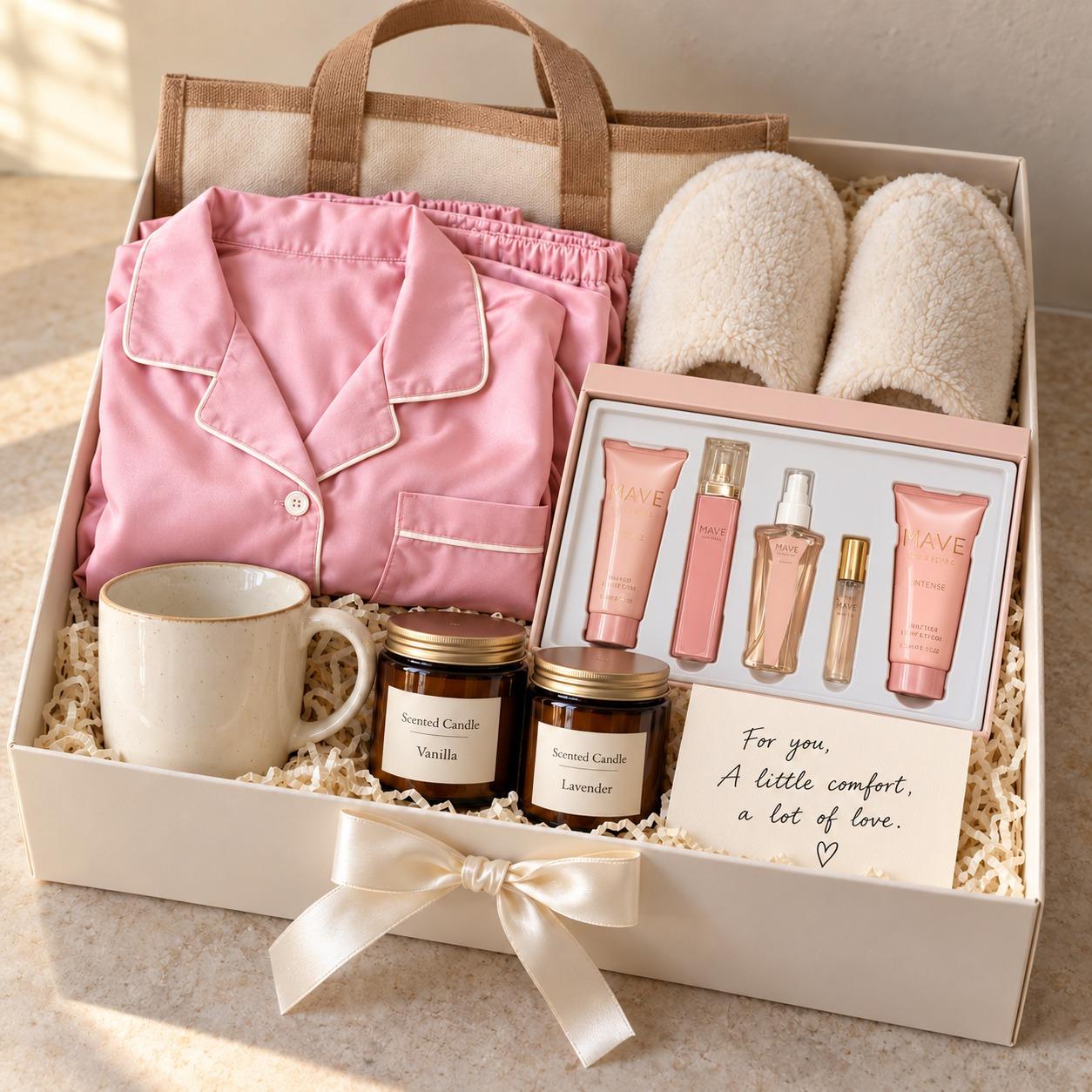 New mum gift set with mug, scented candles, indoor slippers, fashion tote bag, pajamas, body care set and personalized card