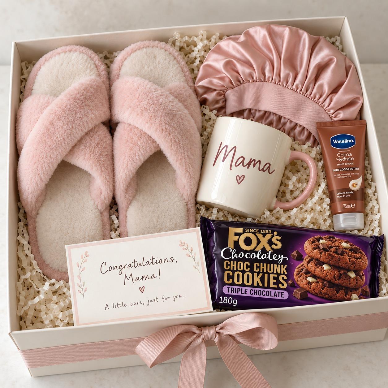 New mum gift set with personalised mug, soft indoor slippers, satin bonnet, hand cream, cookies and personalised card