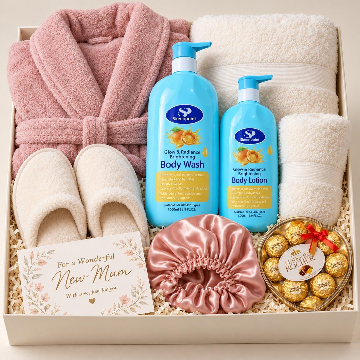 New mum gift set with lightweight bathrobe, bath towel, face towel, body wash, lotion, soft indoor slippers, satin bonnet, chocolate box and personalised card