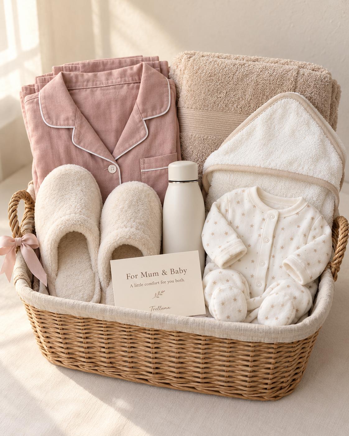 New mum and baby gift basket with pajamas, indoor slippers, insulated water bottle, bath towel, hooded baby towel, baby sleepsuit and personalised card