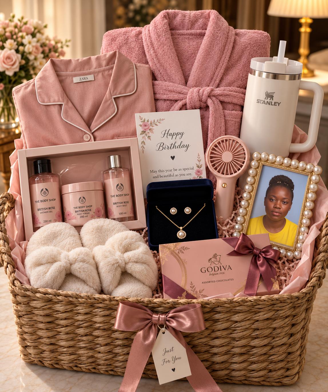 New mum gift basket with button-front pyjamas, lightweight robe, indoor slippers, body care set, Stanley cup, hand fan, pearl photo frame and chocolate