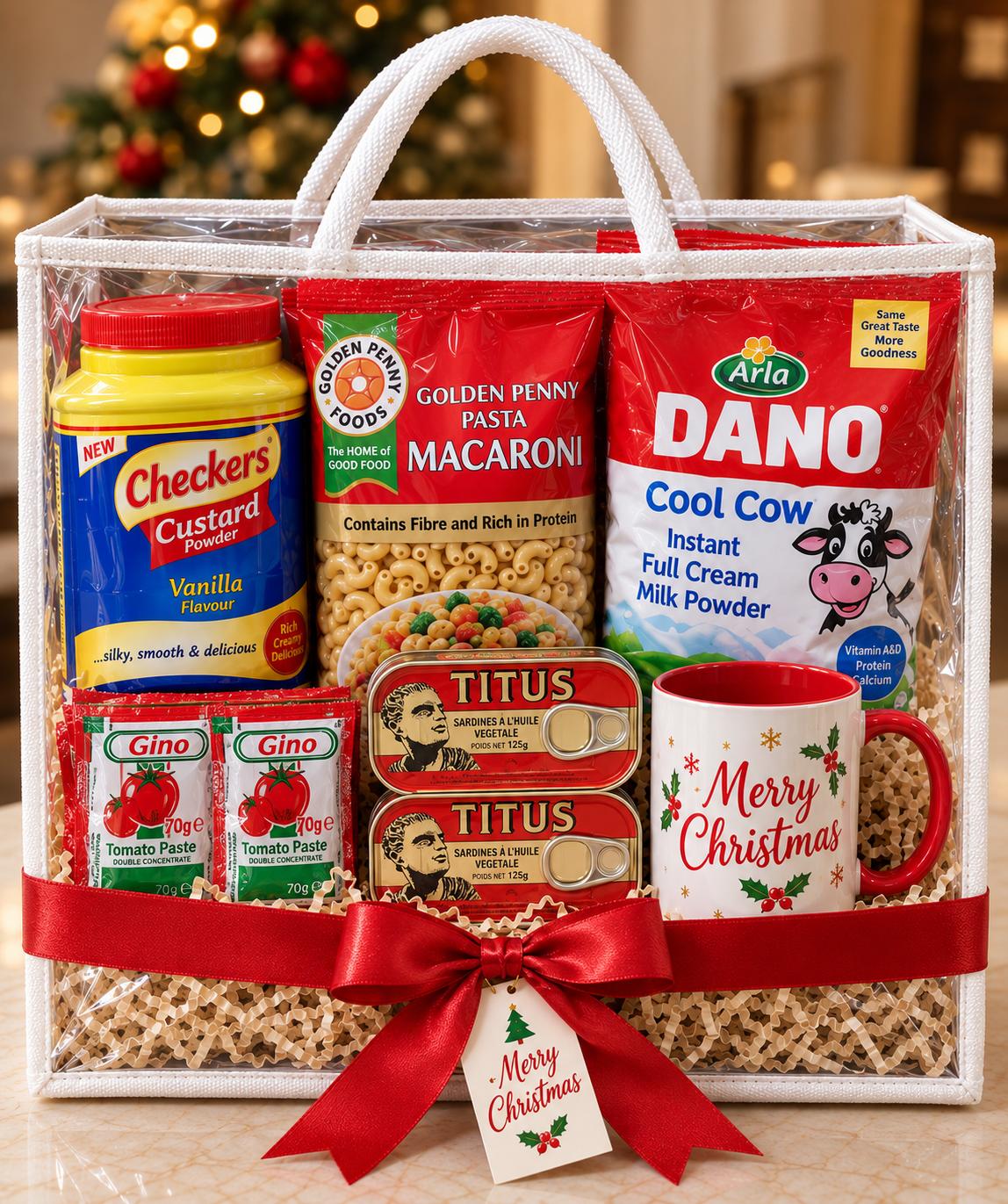 Christmas provision hamper with custard, macaroni, Dano milk, tomato paste, sardines, customized mug and hamper bag