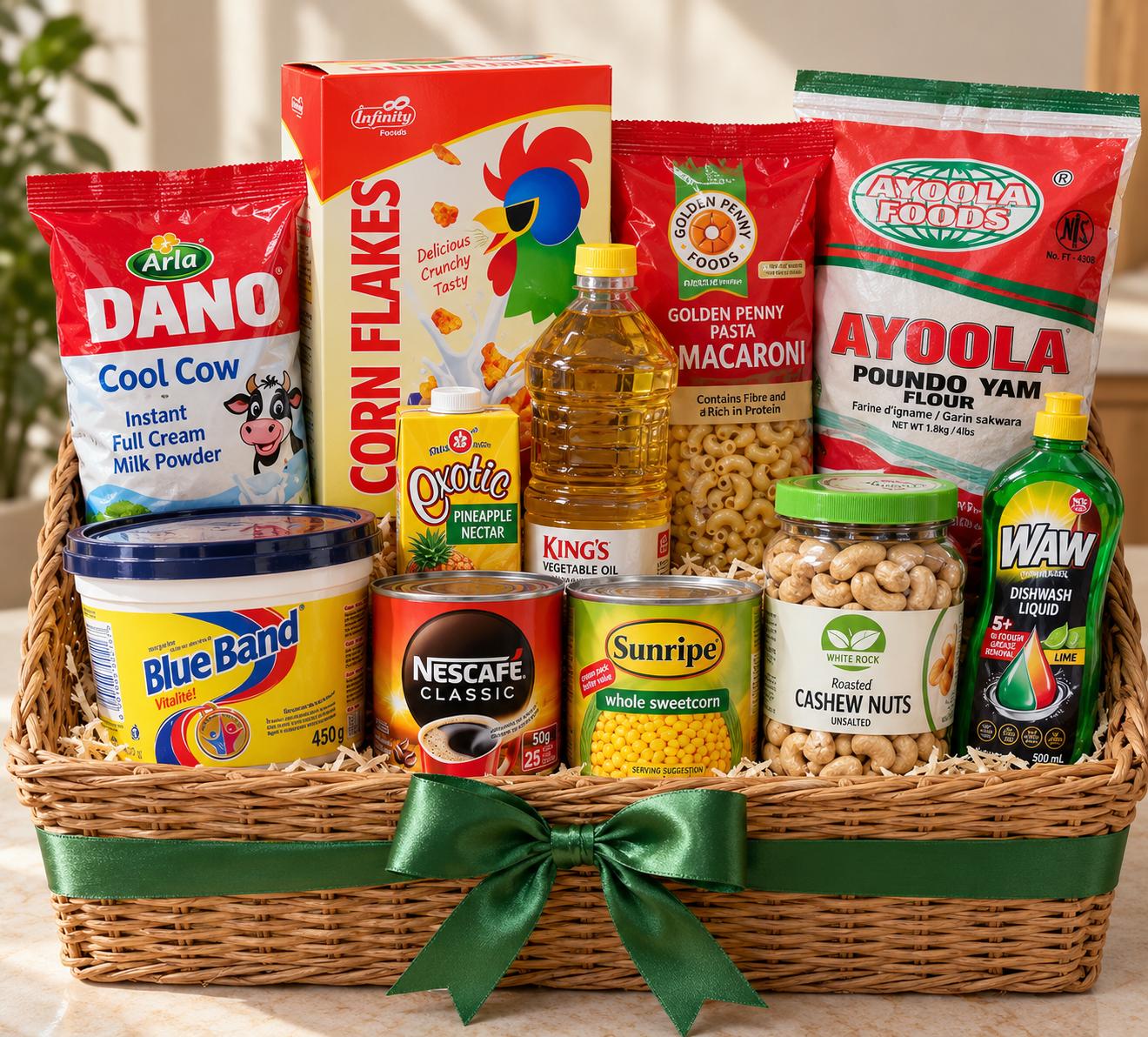 Christmas hamper basket with butter, coffee, corn flakes, milk, cashew nuts, Poundo, groundnut oil, exotic drink, macaroni, sweet corn and liquid soap