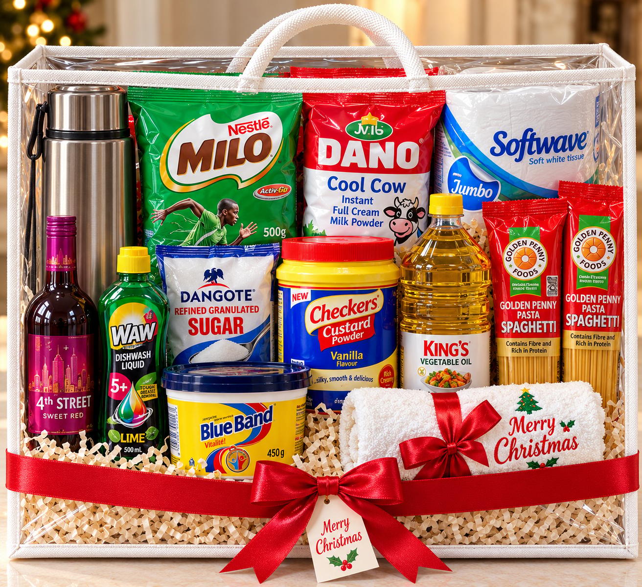 Christmas hamper with steel insulated flask, fruit wine, Milo, Dano milk, sugar, butter, groundnut oil, spaghetti, custard and customized towel