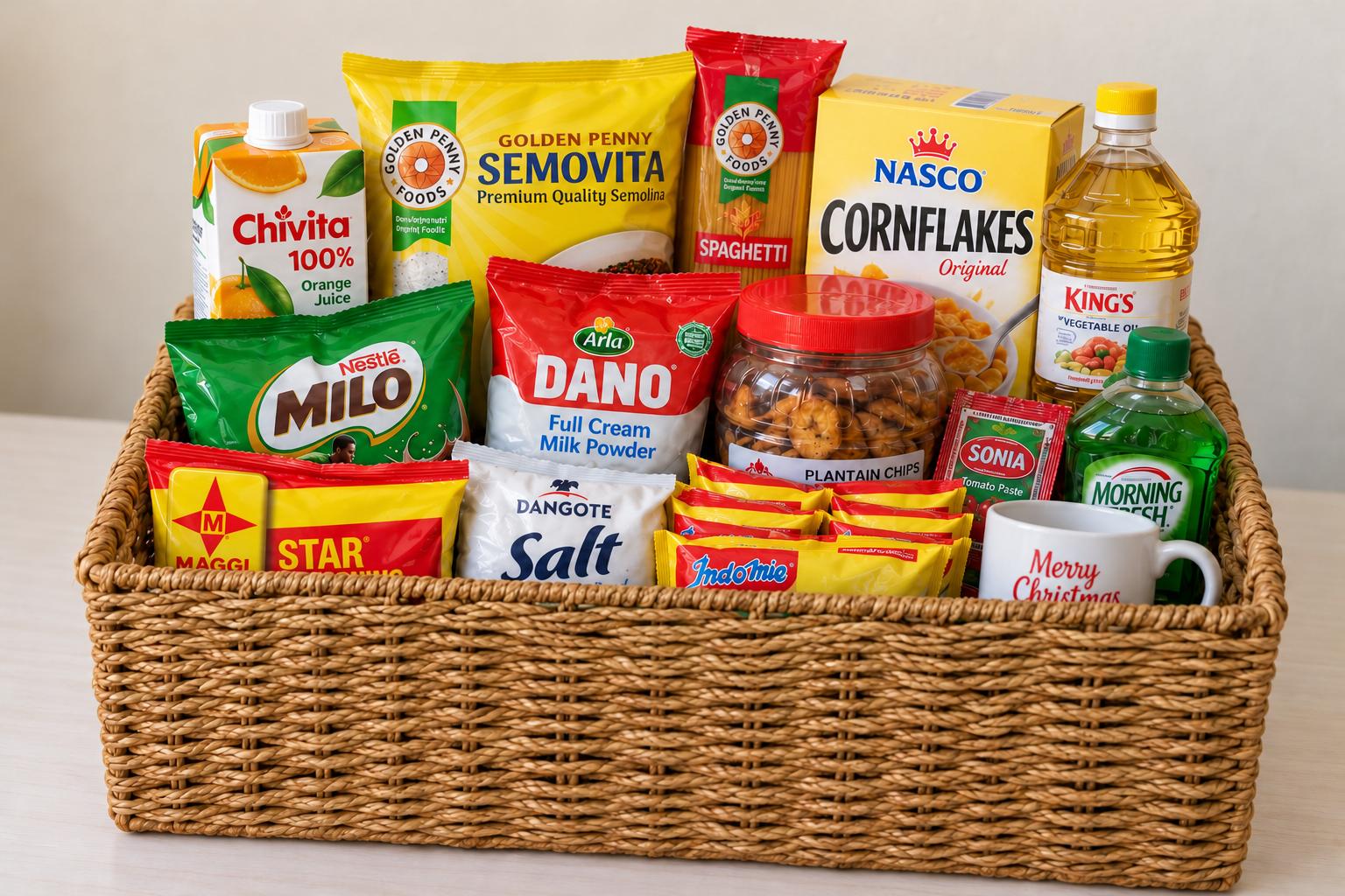 Christmas hamper with Semovita, cooking oil, Milo, milk, cornflakes, spaghetti, noodles, fruit juice, plantain chips, customized mug and household essentials