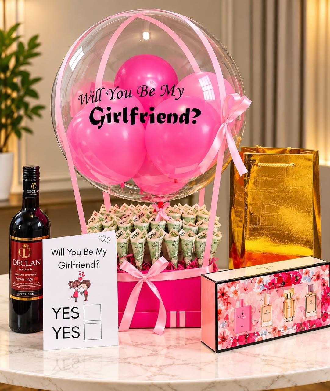 Valentine gift for her with wine, perfume set, customized hot air balloon with ₦50,000 cash and customized card