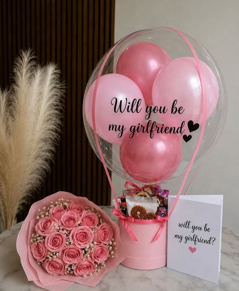 Valentine gift for her with faux flower bouquet, gypsophila, hot air balloon treat box and customized card