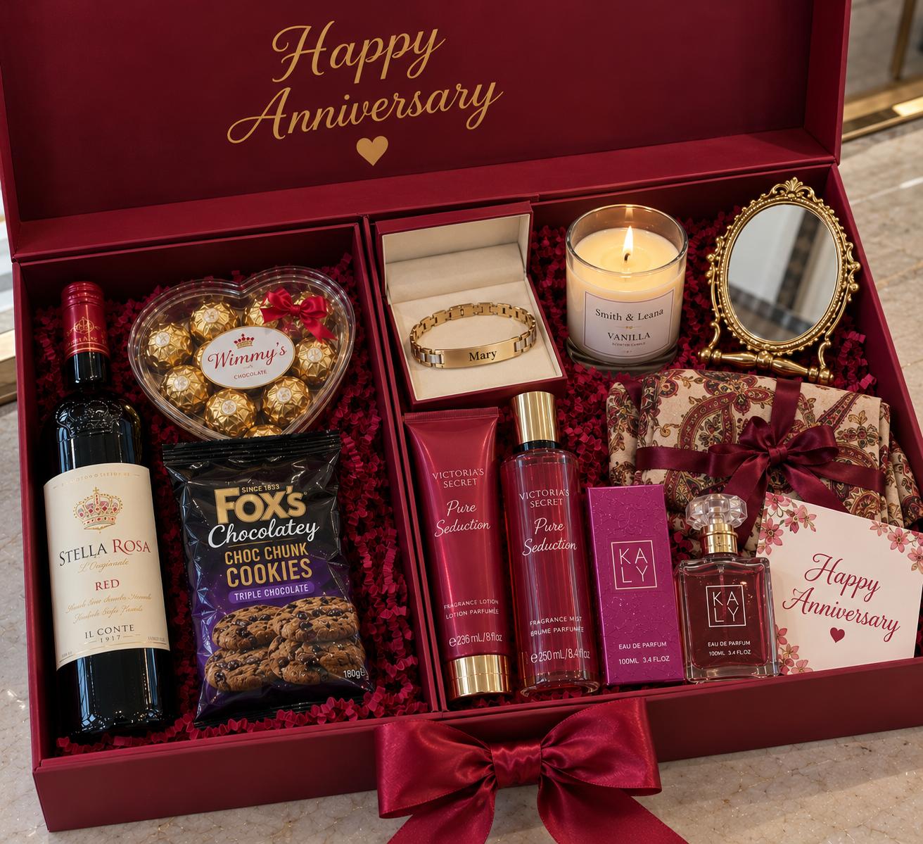 Gift set for her with chocolates, cookies, wine, customized bracelet, scented candle, self-care products, perfume, aesthetic mirror and vintage scarf