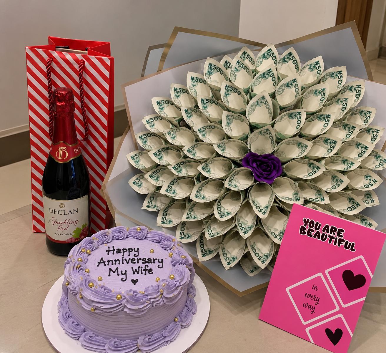₦50k Money Bouquet, Wine & Anniversary Cake Gift Set