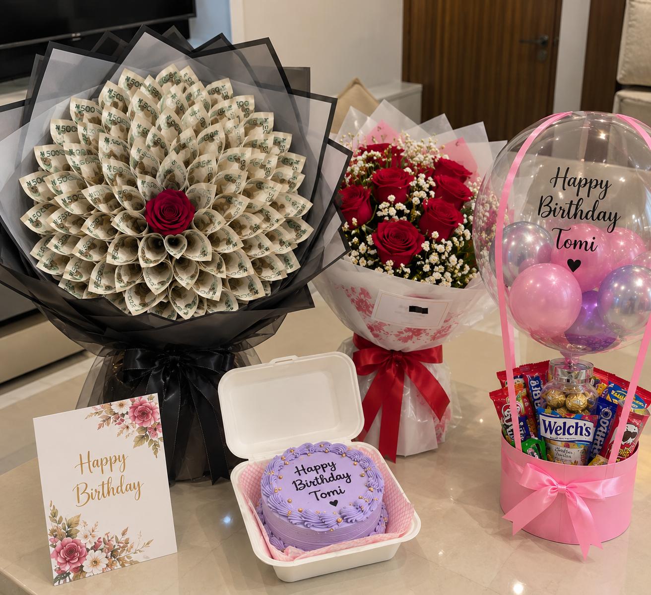 Trelluna ₦50,000 money bouquet with bento cake, flower bouquet, hot air balloon treats and customized card