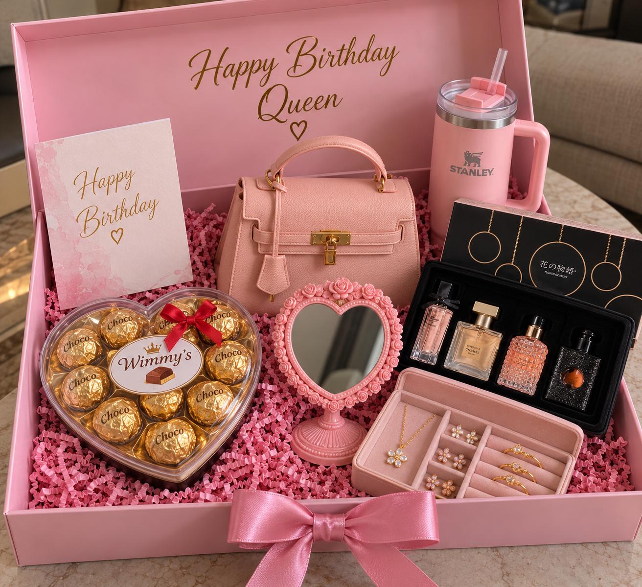 Gift set for her with aesthetic mirror, jewelry organizer, perfume set, fashion handbag, Stanley sippy cup, chocolates and decor box