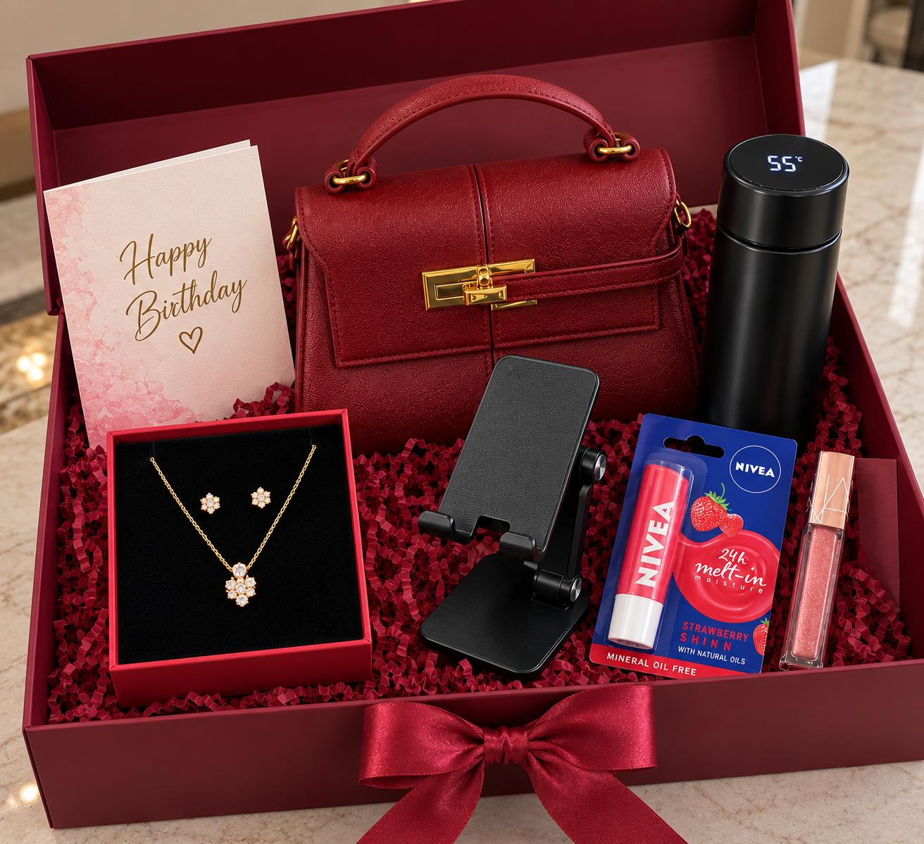 Birthday gift box for women with jewelry set, fashion handbag, lip gloss, lip care, phone holder and insulated flask