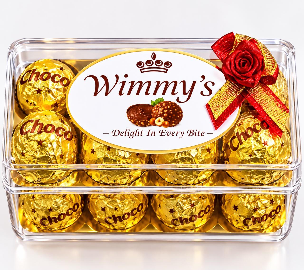 Wimmy’s gold-wrapped Choco chocolates in a clear two-tier gift box with a red and gold bow