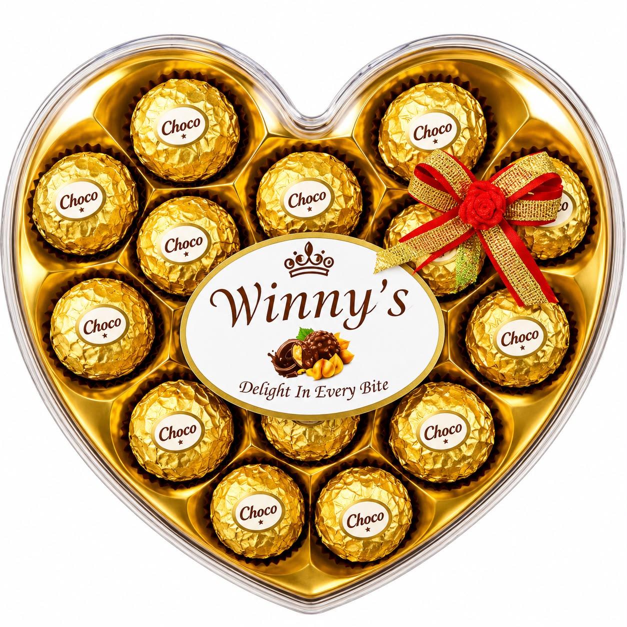 Heart-shaped gift box filled with Wimmy’s gold-wrapped Choco chocolates