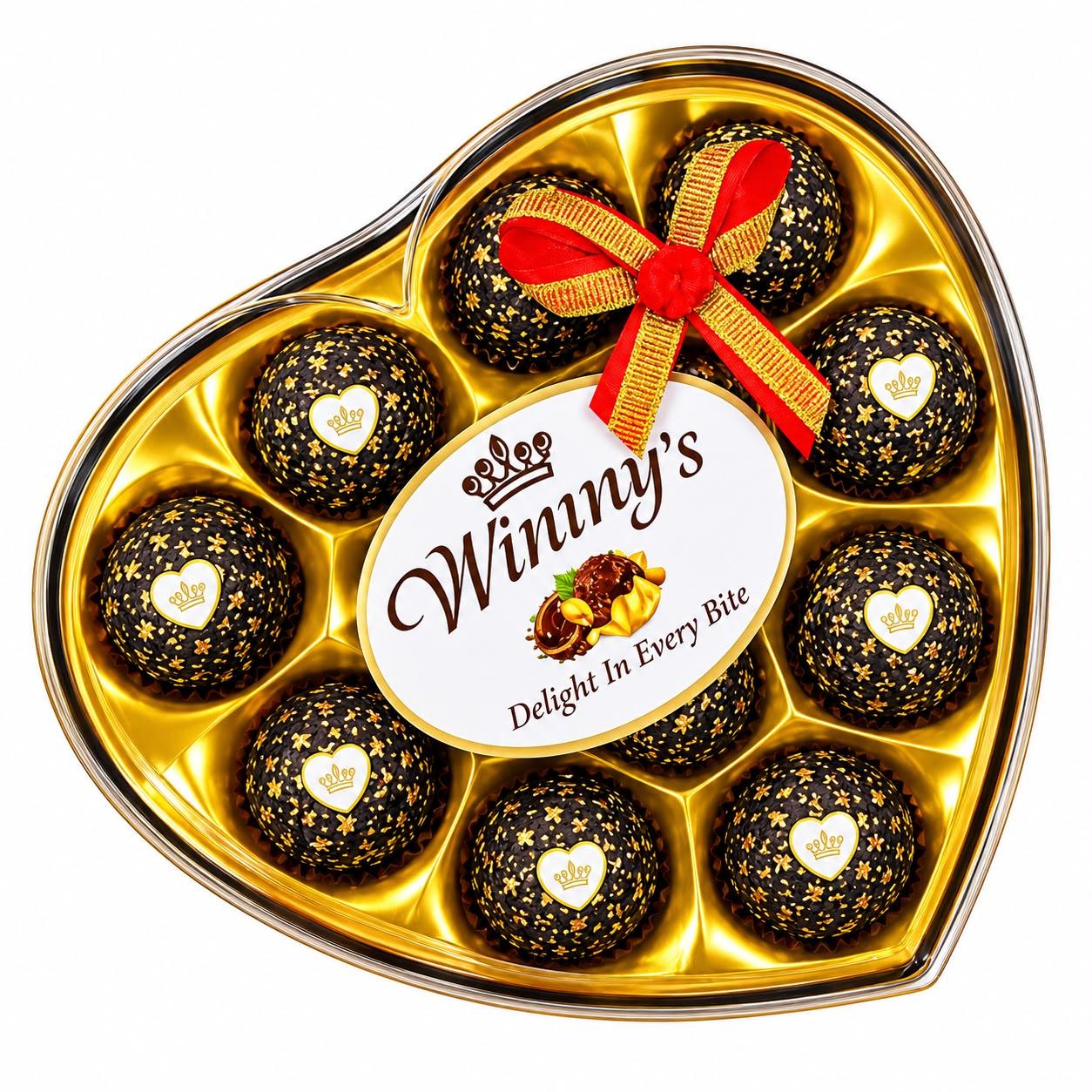 Black and gold wrapped chocolates in a heart-shaped Wimmy’s gift box