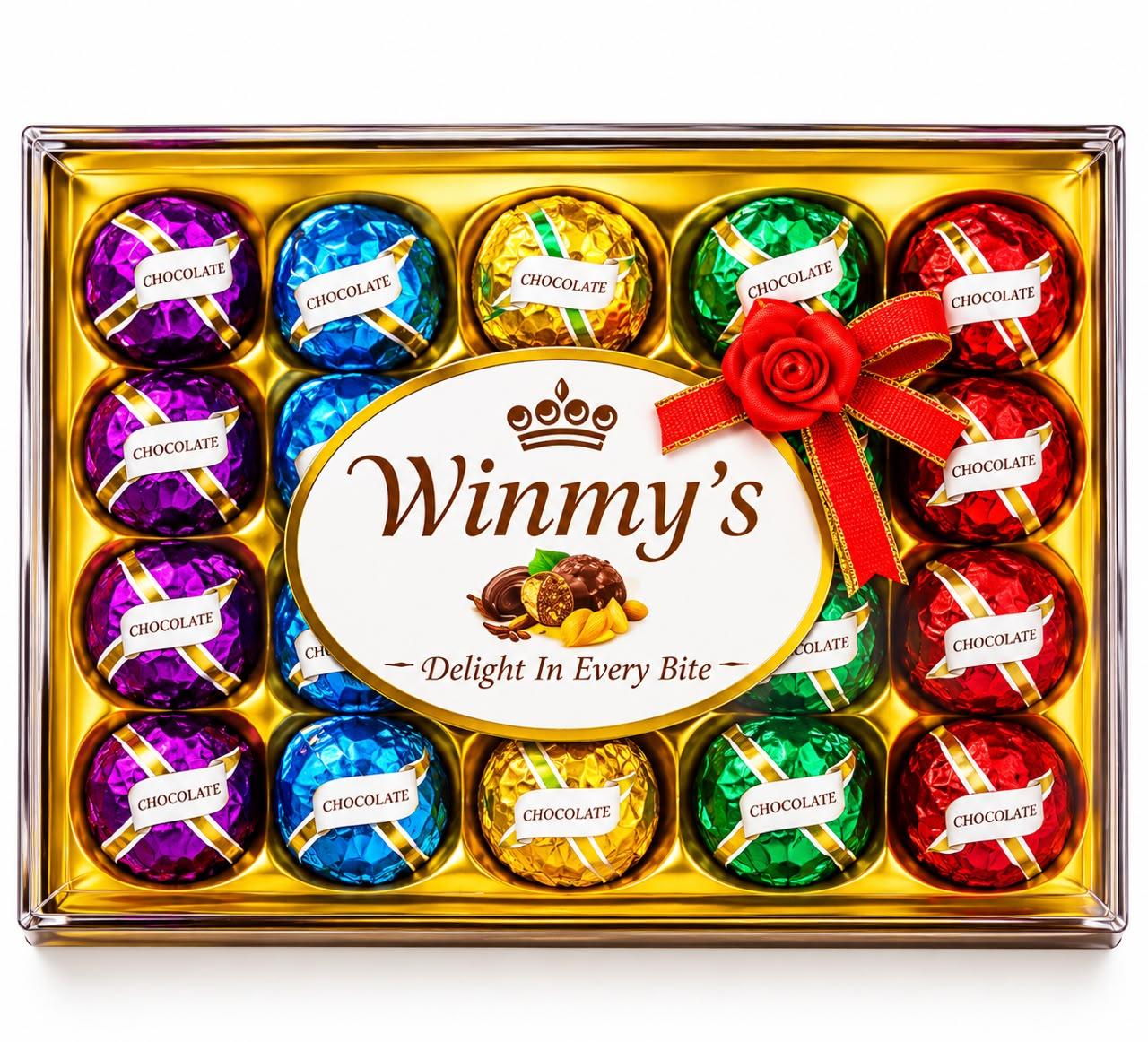 Wimmy’s chocolates in purple, blue, gold, green and red wrappers in a clear rectangular gift box