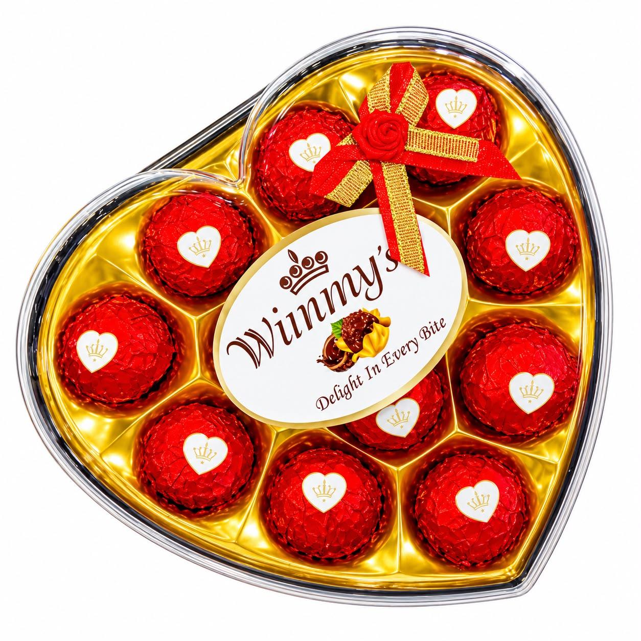 Red-wrapped chocolates in a heart-shaped Wimmy’s gift box with a red and gold bow