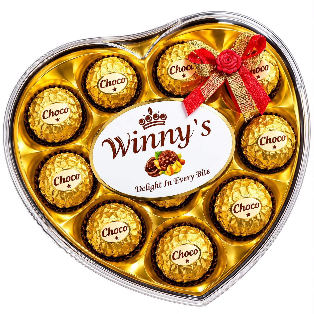 Two heart-shaped Wimmy’s chocolate boxes, one with red wrappers and one with gold Choco wrappers