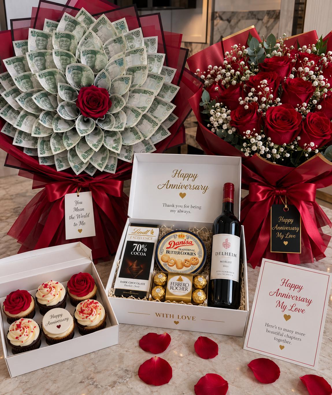 Gift set with cupcakes, treat box, ₦50,000 money bouquet, fresh rose bouquet and handwritten card