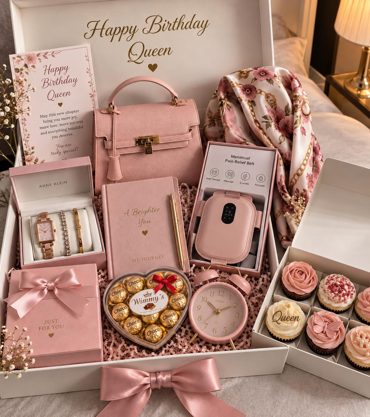 Gift set for her with cupcakes, classic handbag, menstrual pain relief belt, vintage scarf, alarm clock, wristwatch and bracelet, customized journal and chocolates