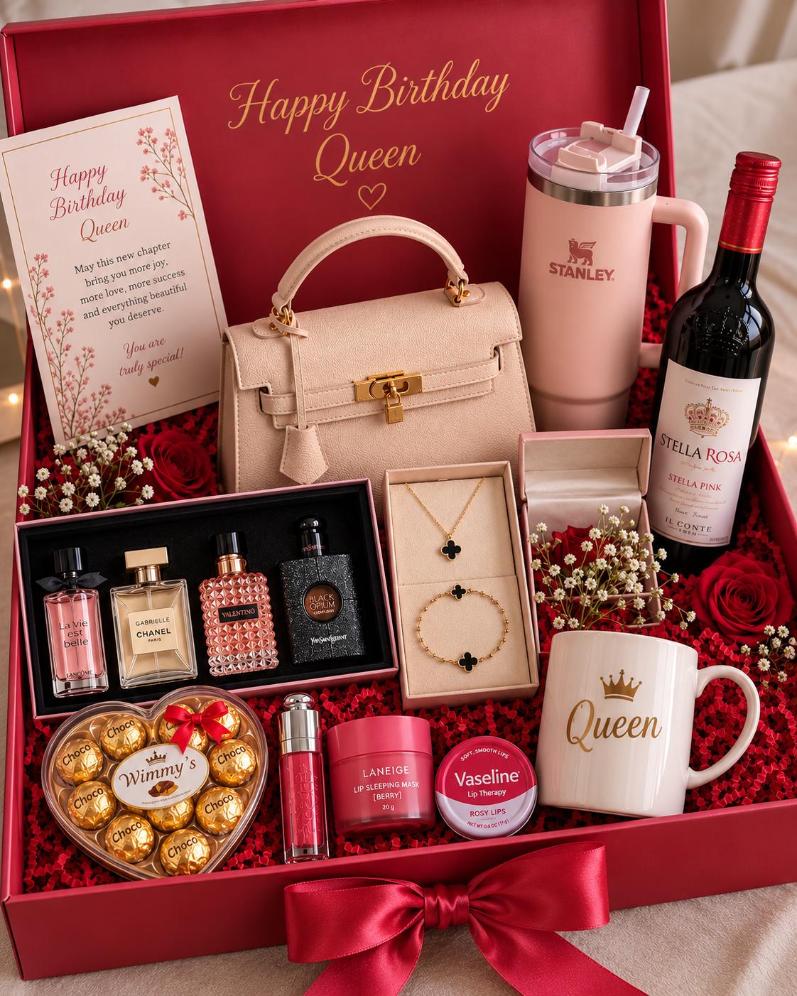 Gift set for her with Stanley sippy cup, perfume set, fashion handbag, necklace and bracelet, customized mug, lip care products, chocolate and wine